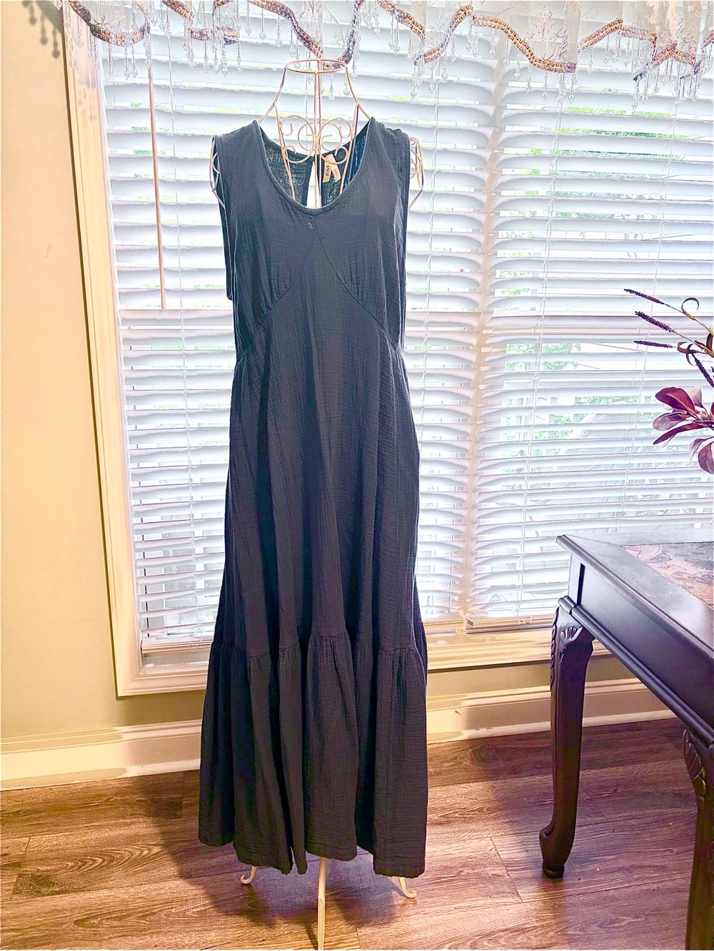 Pact navy linen tiered maxi dress